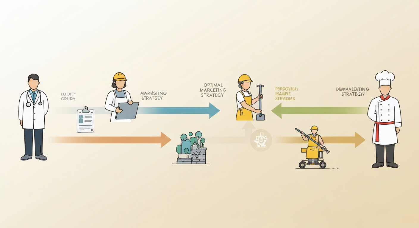 様々な業種のアイコンが並んだイラスト。それぞれの業種に最適な集客方法が矢印で繋がれている