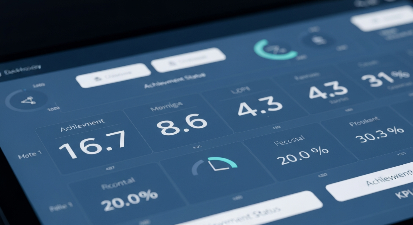 ダッシュボード画面のイメージ。グラフや数値が並び、KPIの達成状況が可視化されている
