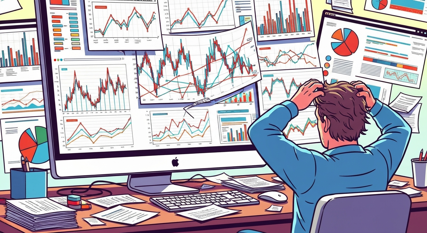 クライアントがウェブサイトの効果測定に苦労している様子を表すイラスト。グラフが乱雑で、困惑した表情の人物が描かれている