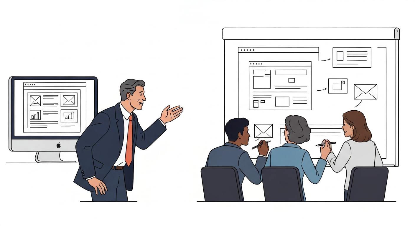 Webサイトの改修を依頼する顧客と、その内容を見積もるWeb制作会社のイラスト。
