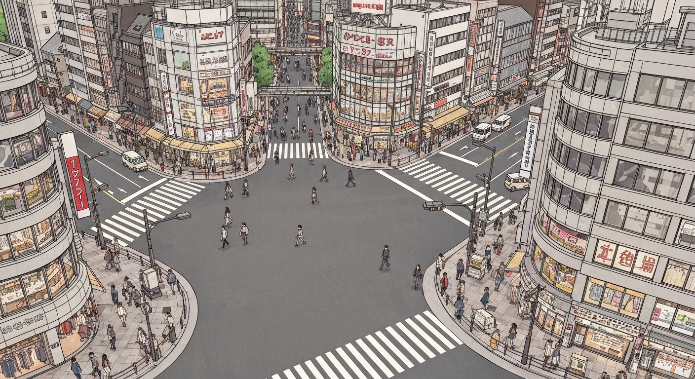 吉祥寺駅周辺の賑わいを俯瞰で捉えたイラスト。