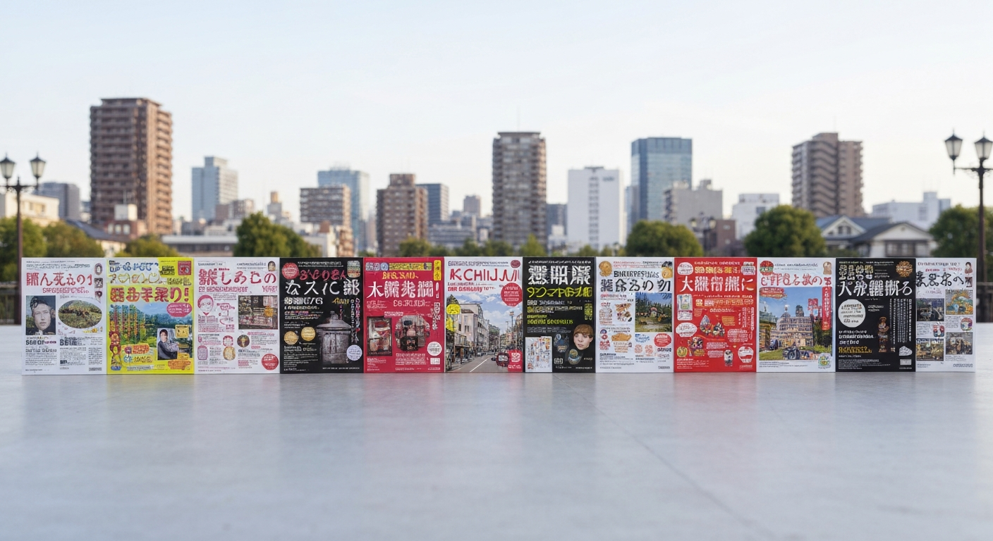 吉祥寺の街並みを背景に、地域情報誌の表紙が並んでいるイメージ。