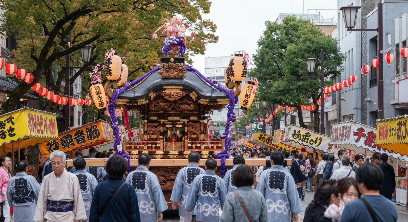 吉祥寺の秋祭りの様子。賑やかなお神輿と人々。