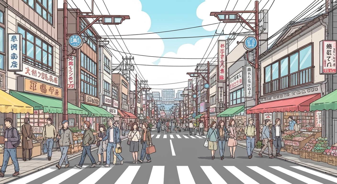 吉祥寺駅周辺の賑わいを表現するイラスト。人々が行き交い、活気のある店舗が並ぶ様子。