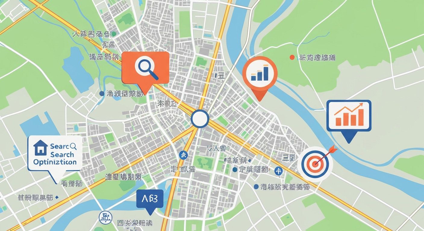 多摩地域の地図とWebマーケティングのアイコンが重なっているイメージ