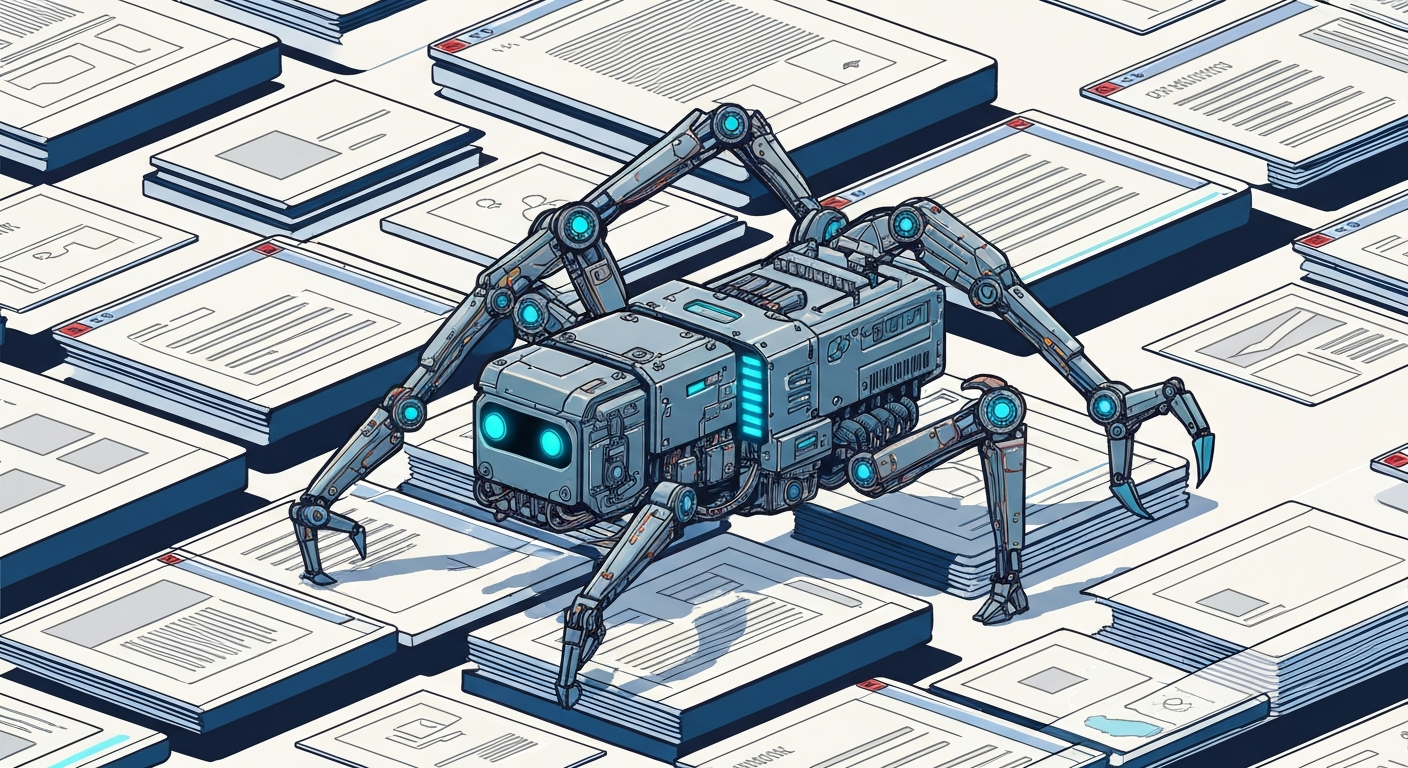 検索エンジンのクローラーがウェブサイトを巡回する様子を示すイラスト。ロボットがウェブページをスキャンしている