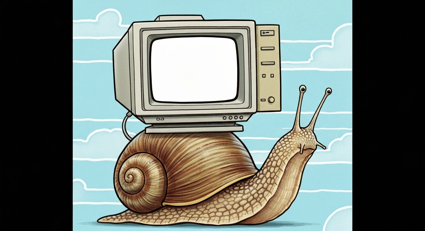 遅延しているウェブサイトの読み込みを表す、カタツムリに乗ったパソコンのイラスト