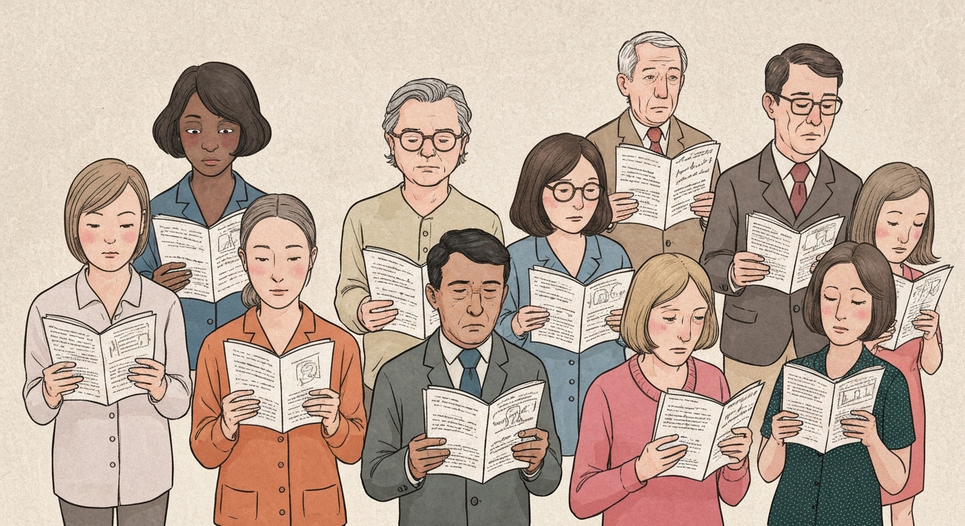 退屈そうな表情でパンフレットを読んでいる人々のイラスト