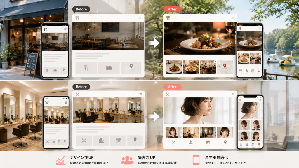 吉祥寺の飲食店と美容室のウェブサイトのBefore/Afterを並べた画像や、スマートフォンでウェブサイトを閲覧している様子と、実際の店舗の様子を組み合わせた画像
