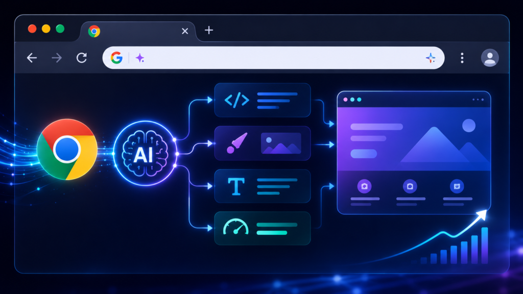 ChromeブラウザのUIを模した画面に、AIがWeb制作のタスク(例: コード生成、デザイン提案、コンテンツ最適化など)を効率化している様子