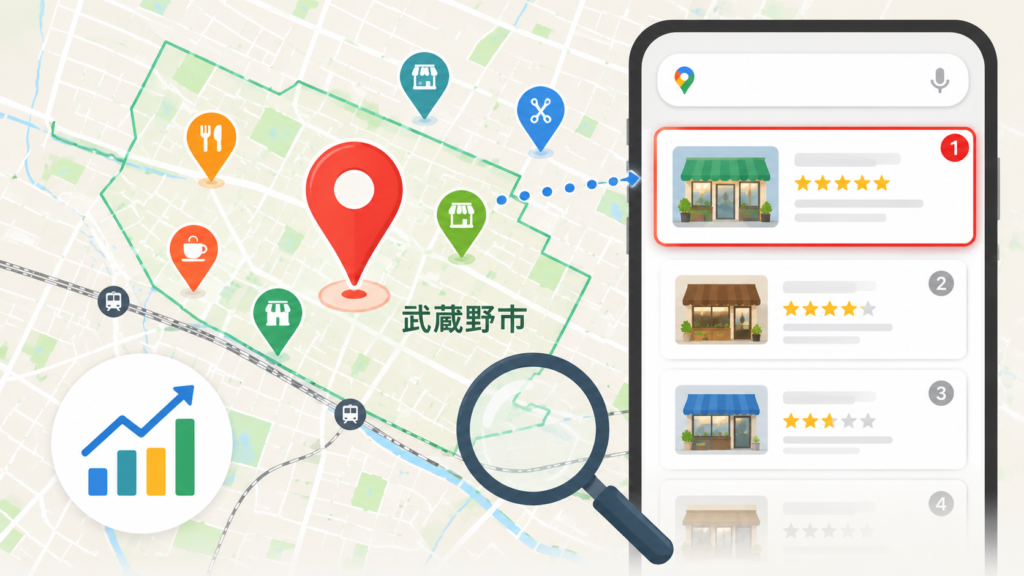 武蔵野市の地図をベースに、Googleマップのピンや検索バー、MEO対策を連想させるアイコンを組み合わせたイメージ