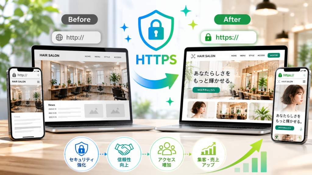 ウェブサイトがHTTPSで保護され、安全な通信を確立し、集客が安定化したことを示すイラスト。