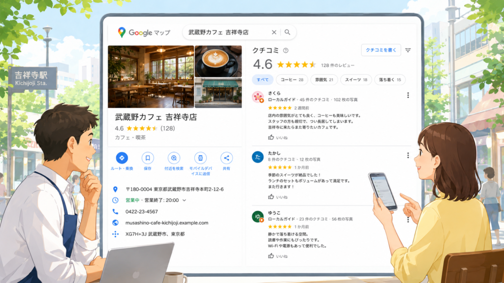 Googleマップのレビュー画面を明店舗のオーナーと顧客がその画面を見ているような構図のイラスト