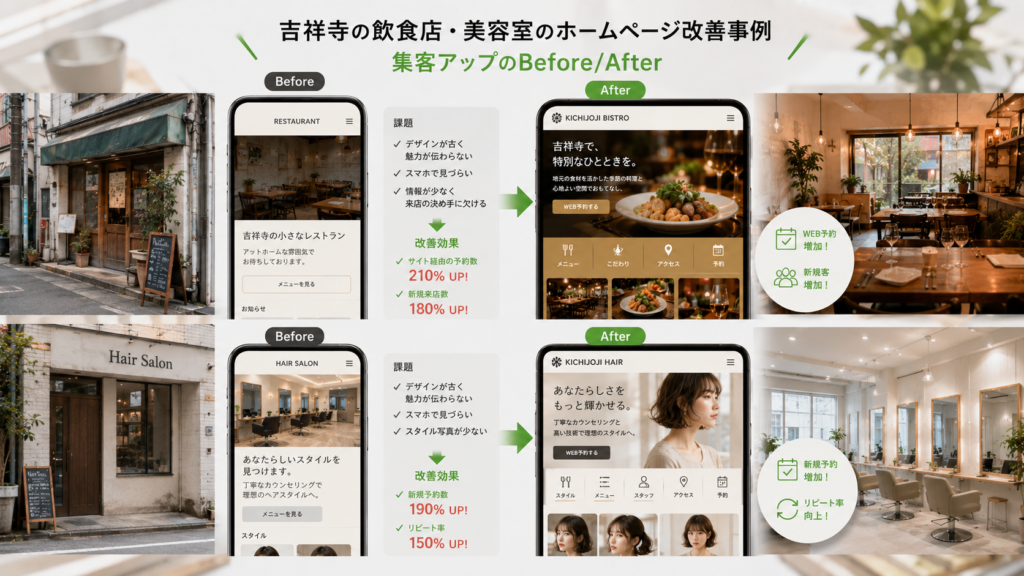 吉祥寺の街並みや、飲食店・美容室のBefore/Afterをイメージさせるような、具体的な改善事例を示すビジュアル