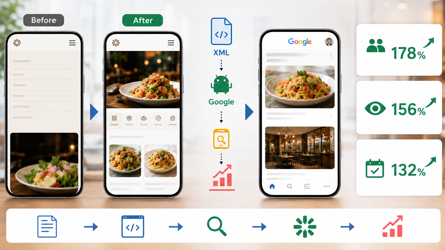 吉祥寺のカフェが新しいメニューやイベント情報をウェブサイトに掲載し、XMLサイトマップとGoogle Discoverを通じて多くのユーザーにリーチしている様子を示すイラスト。