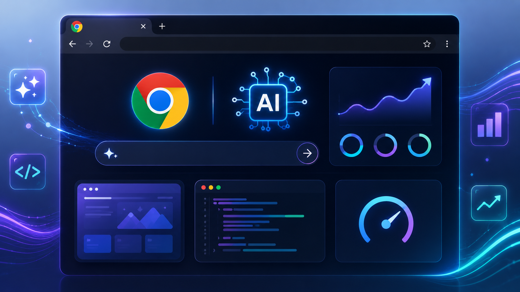 ChromeブラウザのUIを模した画面に、AI関連のアイコンやグラフ