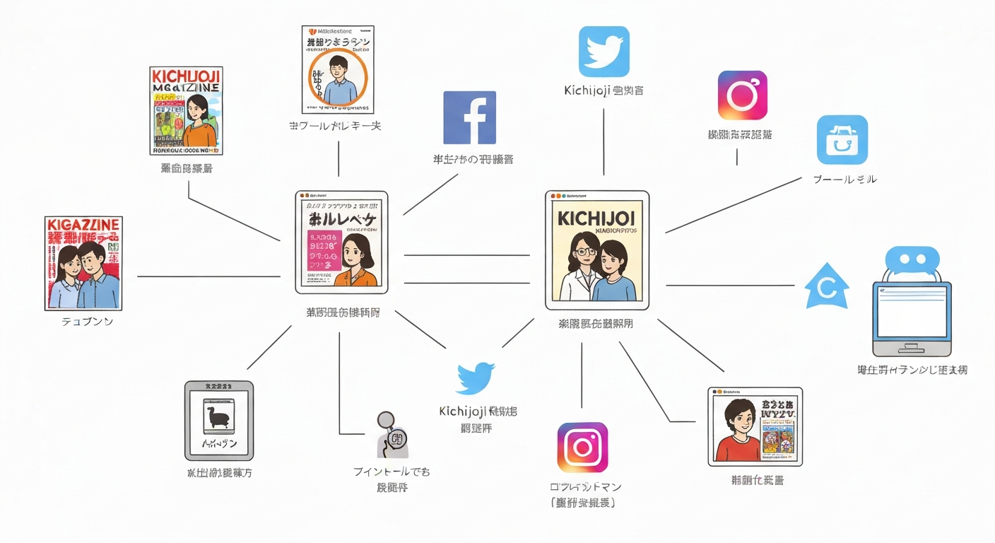 吉祥寺の地域情報誌やウェブサイトのアイコンが、ウェブサイトやSNSのアイコンと連動しているイメージ。地域メディアの重要性を示す。