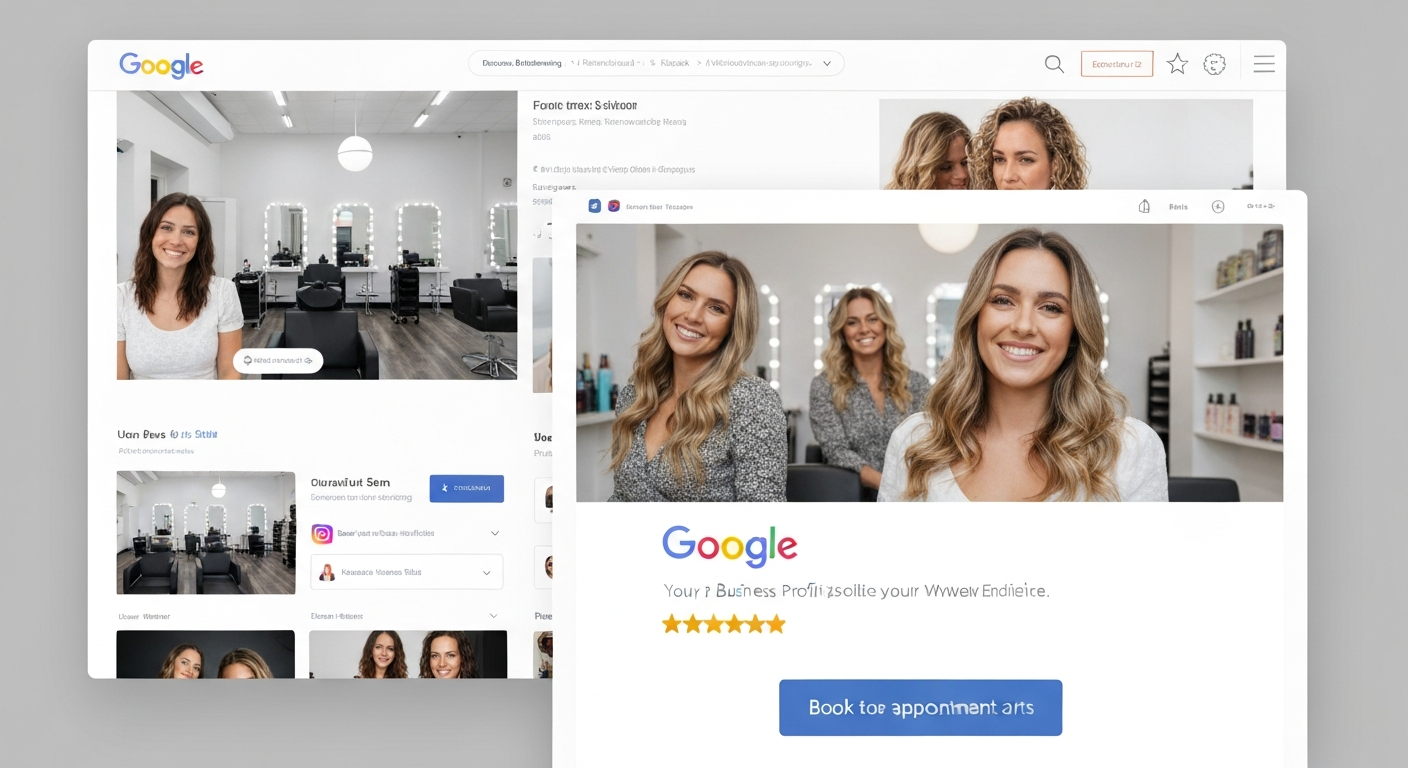 吉祥寺の美容室のウェブサイトとGoogleビジネスプロフィールがシームレスに連携している様子を示すイラスト。高品質な写真と統一された情報が特徴。