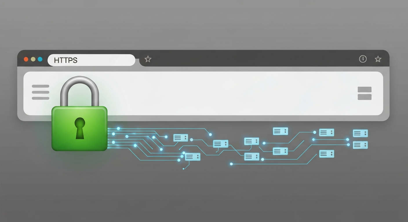 ウェブサイトがHTTPSで保護され、安全な通信を確立していることを示すイラスト。ブラウザのアドレスバーに鍵マークが表示されている。