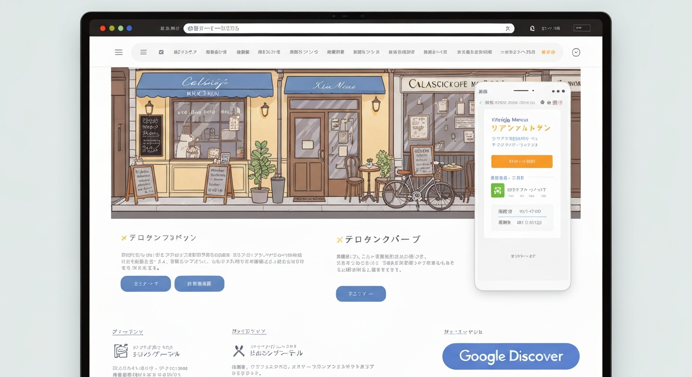 吉祥寺のカフェが新しいメニューやイベント情報をウェブサイトに掲載し、XMLサイトマップとGoogle Discoverを通じて多くのユーザーにリーチしている様子を示すイラスト。