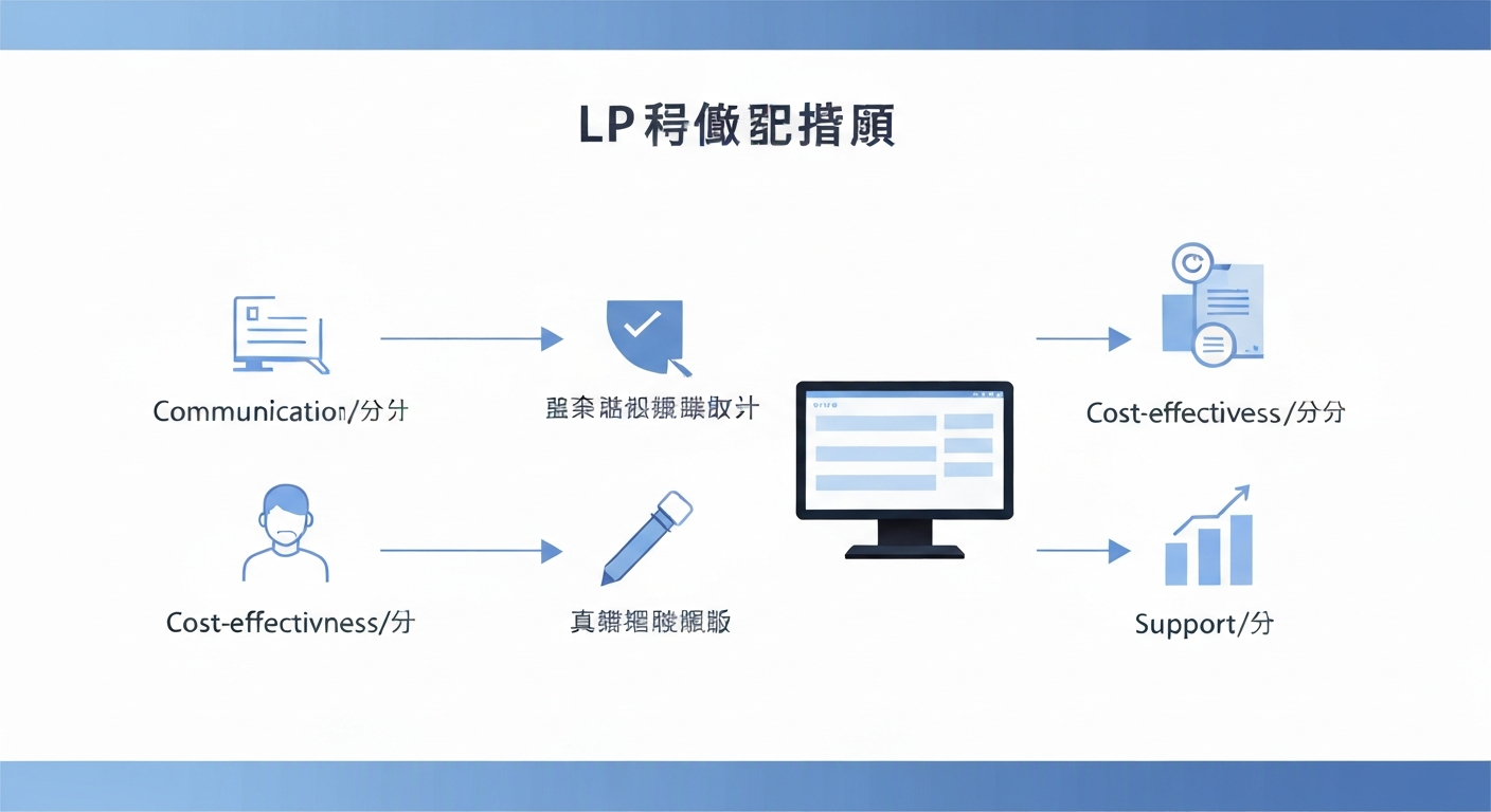 LP制作会社を選ぶ際に重要な要素を示すイラスト。実績、コミュニケーション、費用対効果、サポートなどが視覚的に表現されている。