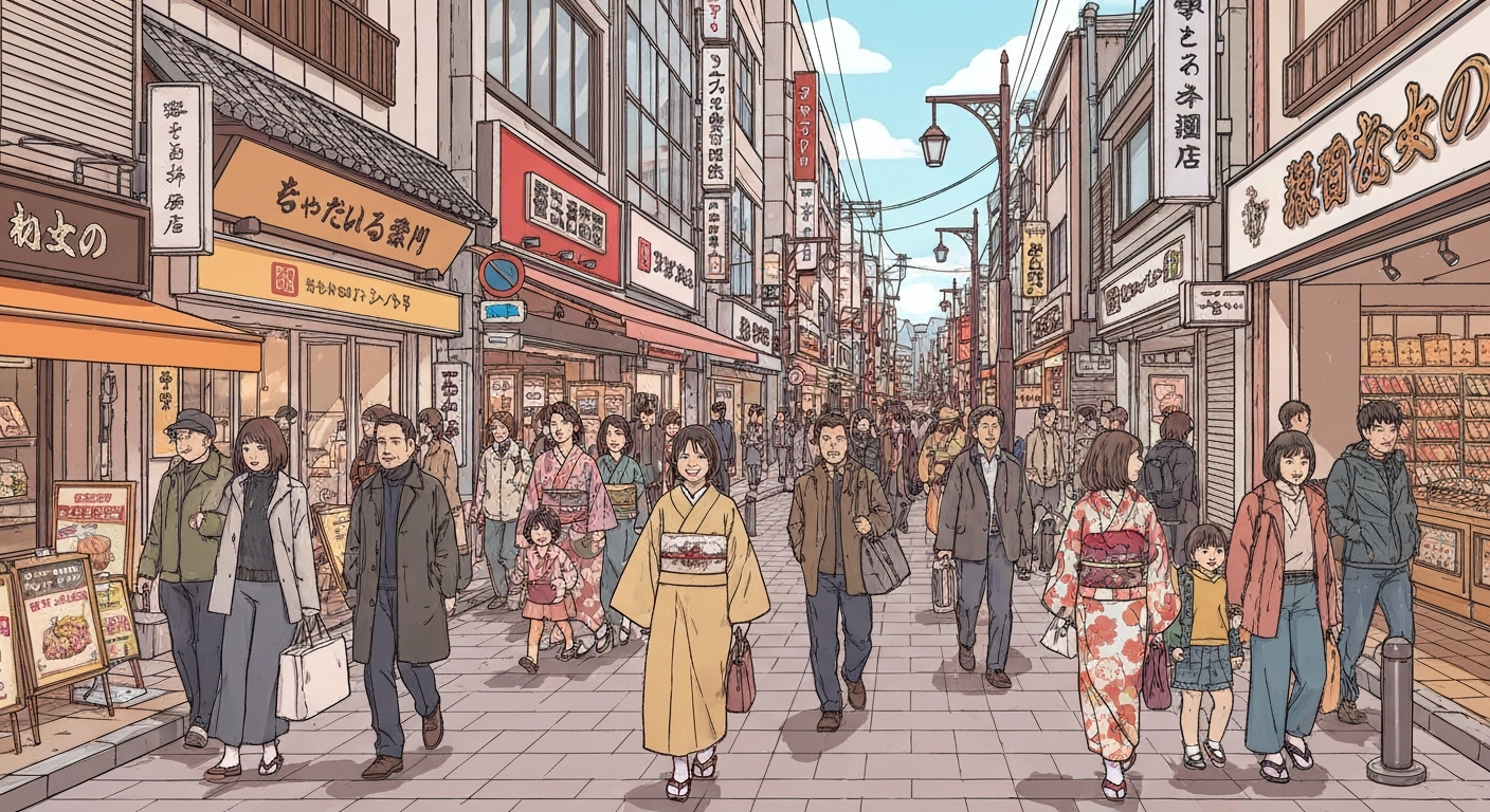 吉祥寺駅周辺の賑やかな商店街の風景。人々が行き交い、活気に満ちている様子が描かれている。