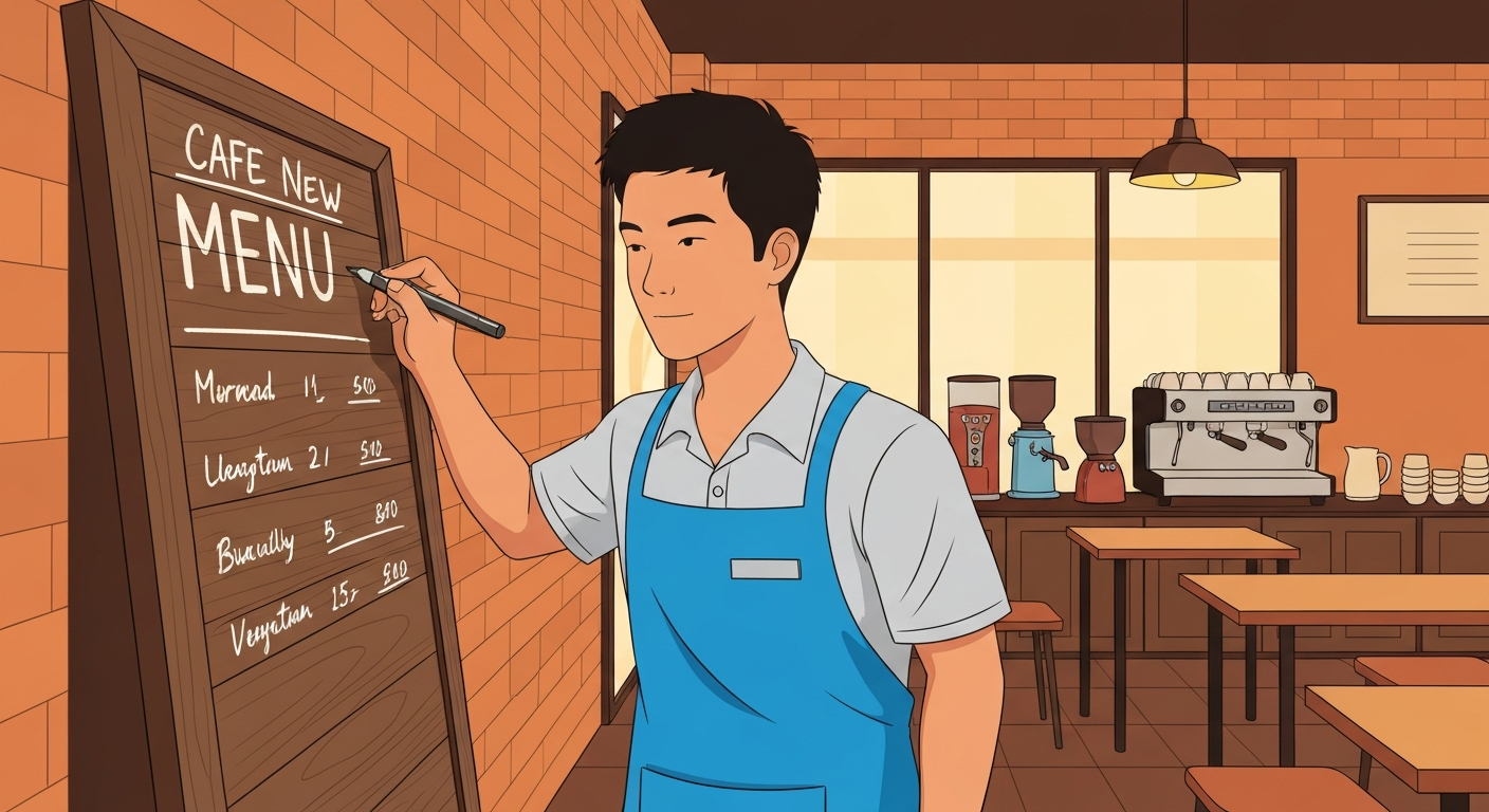 カフェの店員が、手書きのメニューボードに新メニューの情報を書き込んでいるイラスト。
