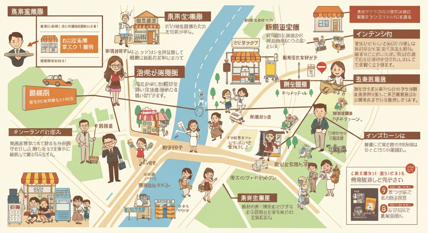 多摩地域の商圏特性を示すイラスト。地図上に企業や顧客が点在し、地域コミュニティが形成されている様子。