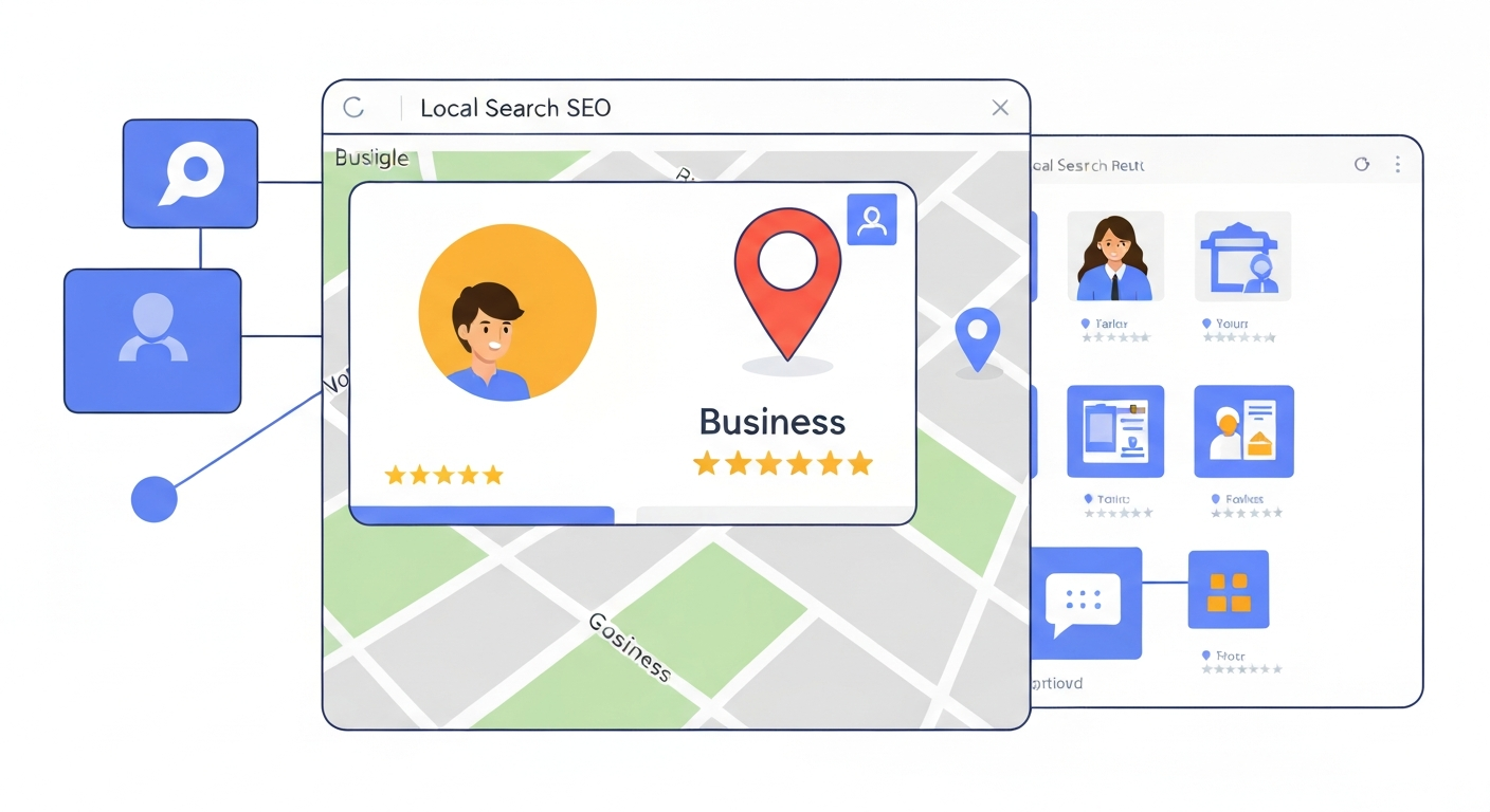 ローカルSEOの要素（Googleマップ、ビジネスプロフィール、口コミ、地域名）が組み合わさって検索結果を形成するイラスト。