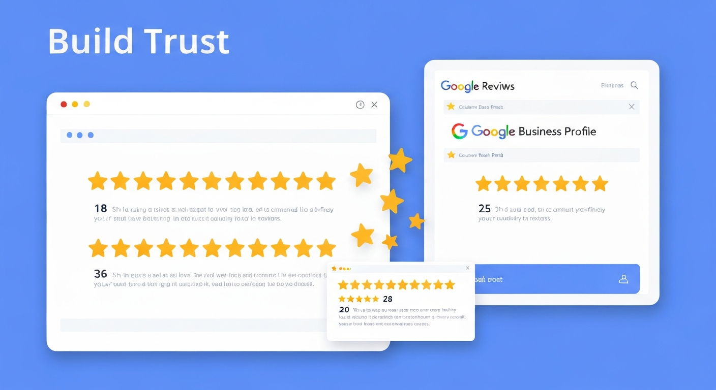 顧客の口コミが星評価やコメントとしてWebサイトやGoogleビジネスプロフィールに集まり、信頼を築く様子。