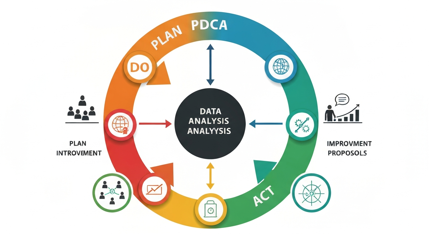 PDCAサイクル（Plan, Do, Check, Act）の図。データ分析と改善提案が中心に描かれている。