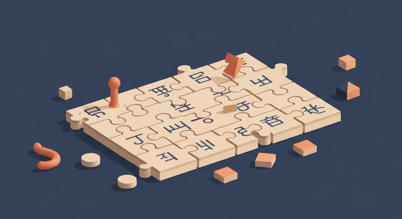 異なる言語の文字が書かれたパズルのピースが組み合わさり、一つの完全な絵を形成している様子。文化的な違いを超えて調和する翻訳とローカライズの重要性を象徴。テキストなし、人物なし。