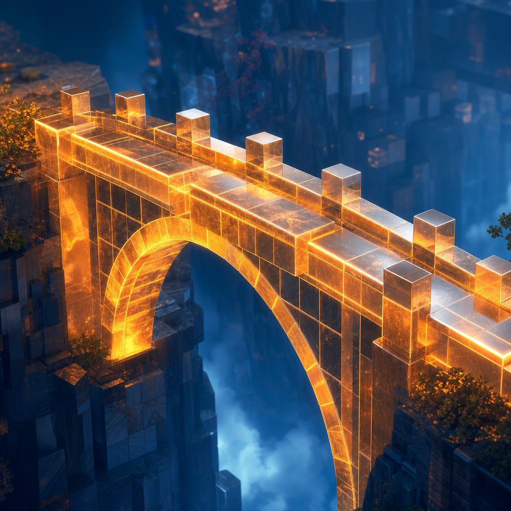 積み重なったブロックと強固な橋。信頼と実績の構築を表現するビジュアルメタファー