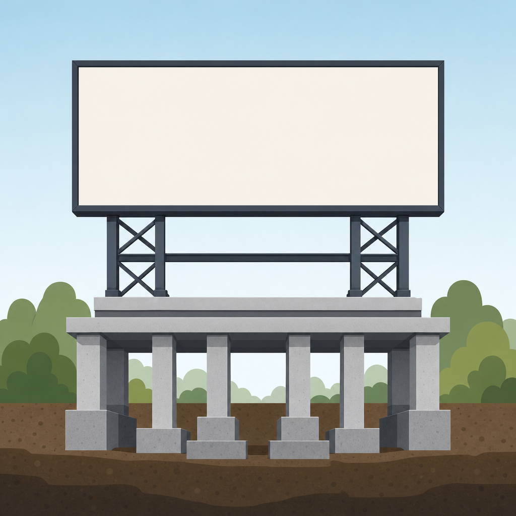 建物の強固な土台と大きな看板のイラスト