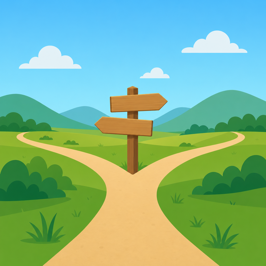 分岐する道と案内標識のイラスト